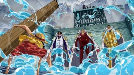 Luffy and the 3 Admirals - pirates, one piece, men, sakazuki, admirals, borsalino, water, fantasy, anime boy, cool, luffy, anime, awesome, uniform, monkey d luffy, kuzan