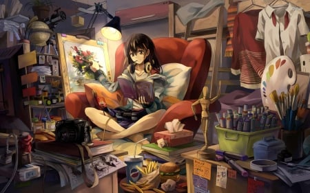 Multitasking - msuic, nice, beauty, female, brown eyes, room, anime girl, fantasy, brown hair, painting, pretty, cool, dark, game, anime, cute, skirt, light, long hair, multitasking, headphones, beautiful, books, sweet, awesome, smile, flowers