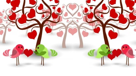 Giving a Valentine - abstract, birds, romantic, February, love, tree, fantasy, Valentines Day, hearts