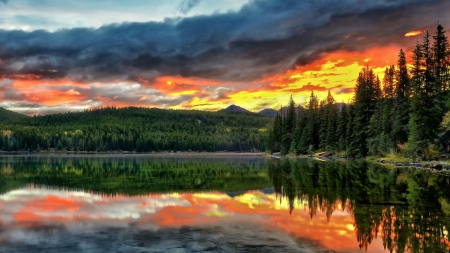 gorgeous sunset over pyramid lake canada - lake, forest, reflection, clouds, reflections, sunset, nature, boats