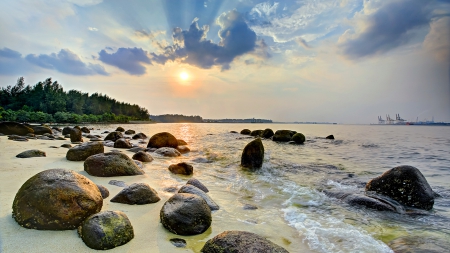 beautiful sunset over bayshore - sunset, shore, stones, bay, port