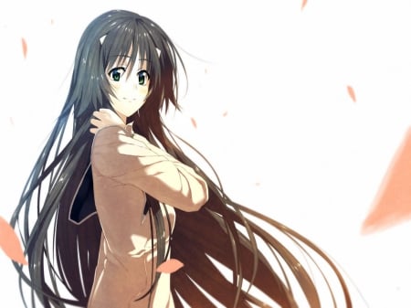 Anime Girl - anime girl, petals, long hair, kawaii