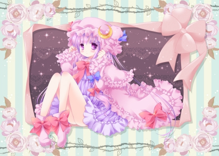 Patchouli Knowledge - hat, pretty, anime, boots, dress, bows, blush, purple eyes, patchouli knowledge, flowers, touhou, purple hair