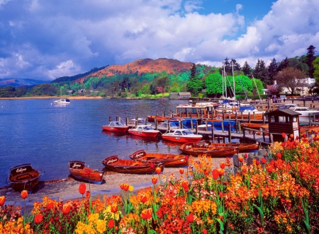 Waterhead - town, coast, beautiful, lovely, waterhead, dock, pier, flowers, boats, shore, painting, picturesque, serenity, port, peaceful, art