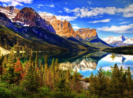 Mountain reflections - peak, rocks, clear, cliffs, beautiful, nature, mountain, water, mirrored, reflections, landscape, shore, lake, sky, clouds, lovely, trees