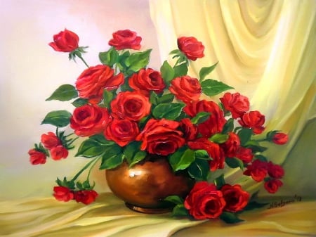 Still life - pretty, vase, roses, delicate, beautiful, lovely, petals, still life, bouquet, leaves, harmony, flowers, red, painting, nice, art