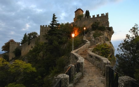 Castle - stone, castle, architecture, lamp, path