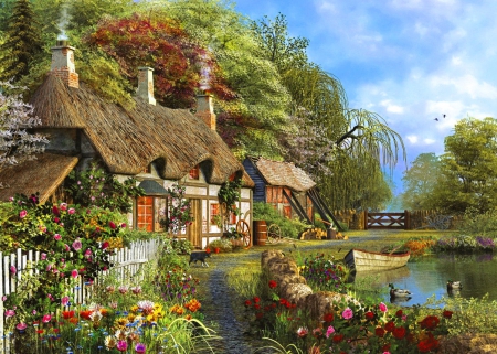 Riverside cottage - cottage, trees, countryside, colorful, riverside, painting, home, art, river, house, boat, summer, shore, lovely, nature, beautiful, alley, flowers, cabin