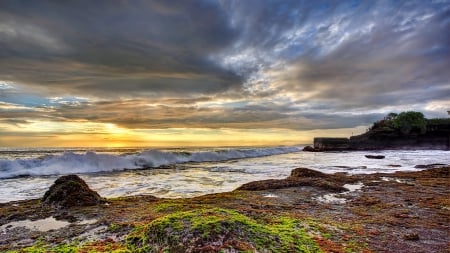 superb waves on a sea shore hdr - rocks, clouds, beach, sunset, sea, waves, hdr