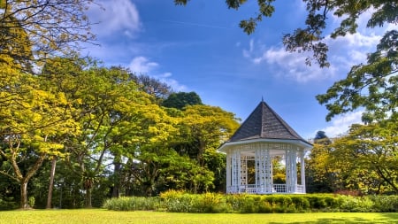 beautiful arbor in a garden - arbor, garden, trees, grass