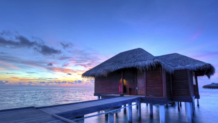 fabulous thatched roof bungalows in the maldives hdr - bungalows, thatched roof, hdr, sea, sky, bridge