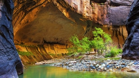 the virgin river cutting through cliff in zion park - cliff, rocks, river, gorge, trees