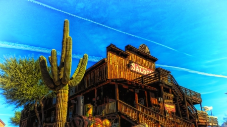 old time saloon in an arizona desert hdr - saloon, old, hdr, cactus, sky