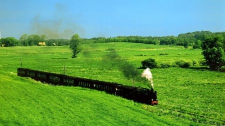 old train steaming through green fields - train, fields, green, steam