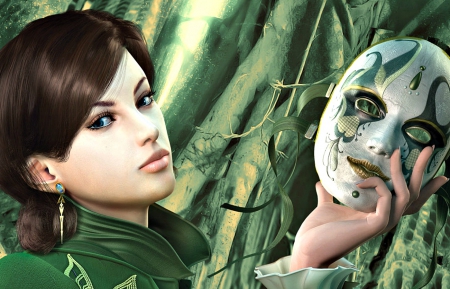 Fantasy girl - woman, guild wars, mask, game, girl, green, fantasy