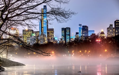 Autumn in New York - skyline, evening, splendor, city lights, leaves, view, autumn splendor, skyscrapers, lake, New York, trees, lanterns, city, architecture, buildings, fall, autumn