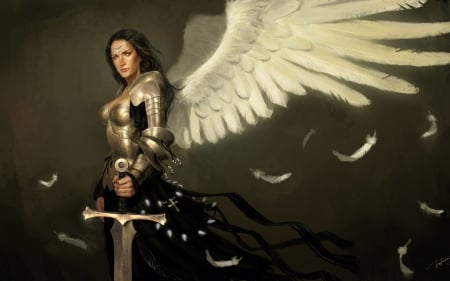 Angel - girl, sword, feather, angel, armor, fantasy, white, woman, wings, art