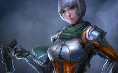 Fantasy girl - silver, robot, game, gun, girl, art, fantasy, armor, orange, green