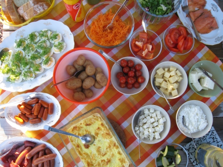 Welcome to the buffet - summer, cloth, spoons, food, table, buffet, bowls, colors, plates, vegetable