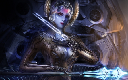 Fantasy girl - armor, fantasy, blue, woman, girl, cyborg, pink, robot