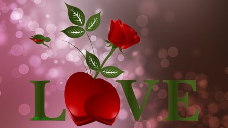 Love - Valentines Day, red hearts, inscription, red rose