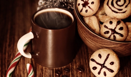 Cookies and Coffee - drinks, Cookies and Coffee, coffee, brown, sweet, drink, christmas, holiday, mug, cookies