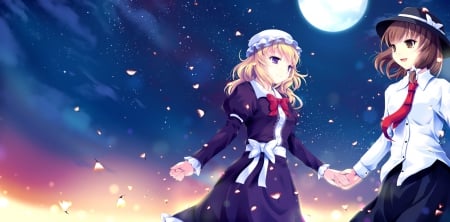 ~Beautiful Friendship~ - bows, sky, brown eyes, usami renko, hats, brown hair, touhou, petals, anime, purple eyes, moon, stars, maribel han, night, tie, friends, blonde