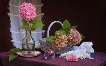 Still Life - flowers, basket, pink, still life