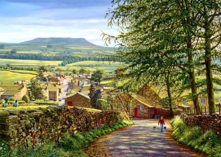 Around Britain - quiet, summer, walk, mountain, calmness, path, countryside, art, houses, sky, trees, beautiful, road, valley, rustic, village, Britain, painting, serenity, peaceful, rural