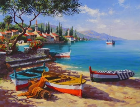 Anatoly Metlan art - sky, trees, dock, colorful, coast, port, painting, oil, art, sands, houses, boats, summer, shore, lovely, village, pier, beautiful