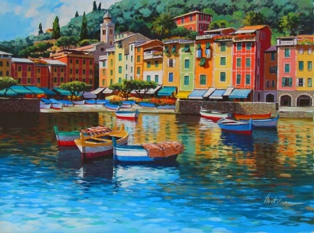 Anatoly Metlan art - summer, coast, beautiful, harbor, dock, reflection, oil, pier, boats, colorful, shore, port, houses, art, painring