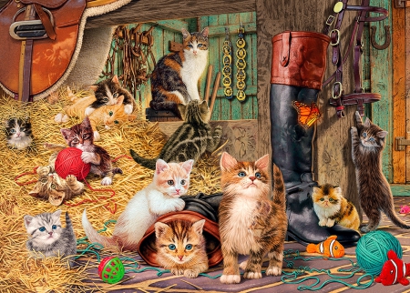 Kitten capers - company, beautiful, toys, lovely, sweet, joy, playing, kittens, funny, caper, hay, cute, cats, friends, kitties