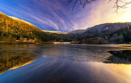 Lake serenity - nice, sky, trees, mirrored, clear, crystal, view, quiet, reflection, lake, houses, shore, lovely, serenity, nature, beautiful, waters