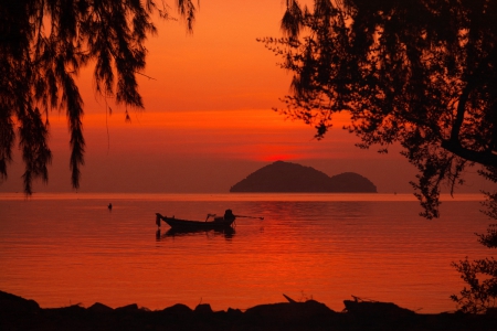 Red sky - nature, silhouette, boat, shadow