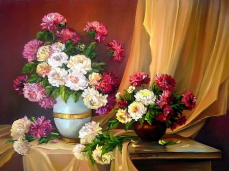 Still life - pretty, vase, beautiful, beauty, still life, bouquet, home, harmony, flowers, curtain, elegance, painting, nice, art