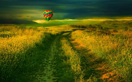 Long road - path, air balloon, nature, fields