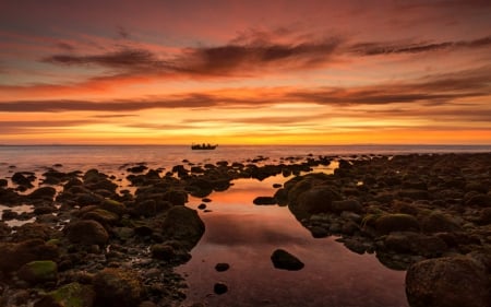 Beautiful sunset - sky, water, stone, sunset, nature