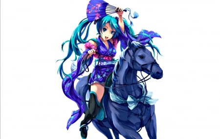 Hatsune Miku - anime, vocaloid, blue, fan, hatsune miku, kimono, pink, horse, manga, pixco, white, purple, green, ride