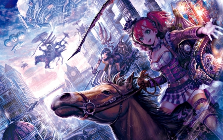 Fantasy world - ride, girl, fantasy, purple, horse, pink, red, anemonade, blue, anime, manga