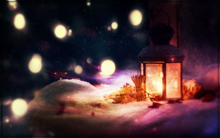 Winter - winter, snowy, snow, night, light, lantern, winter time, nature, snowfall