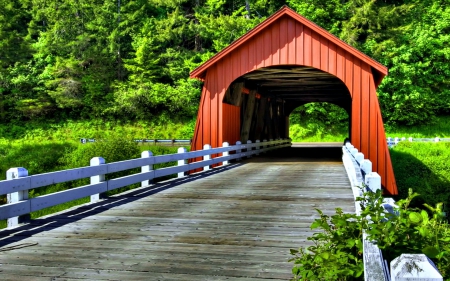 Covered Bridge - architecture, fence, bridge, trees