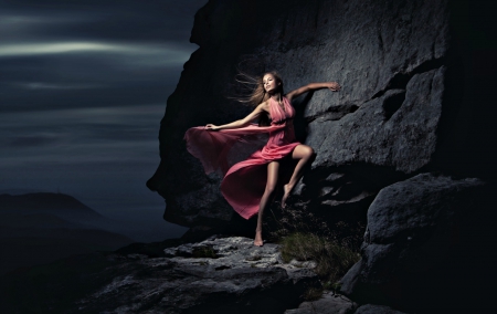 Feeling the wind - rock, pink, black, wind, dark, night, dress, stone, woman