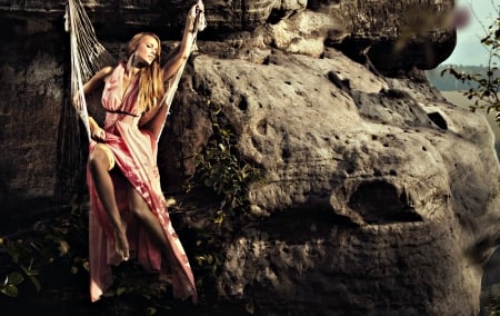 Model - rock, pink, model, hammock, girl, woman, dress