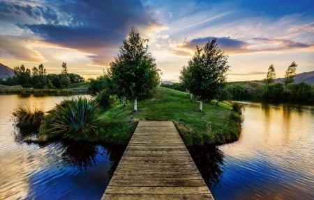 Island - Island, Sunset, Lake, bridge