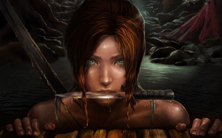 Lara Croft - woman, redhead, girl, wet, water, knife, fantasy, tomb raider, game, lara croft