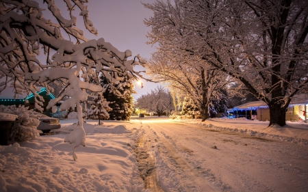 Country Road in Winter - car, sunlight, house, trees, snow