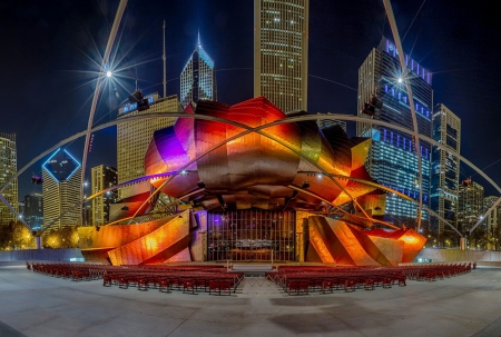 Chicago - lights, evening, skyscraper, city, event center, buildings