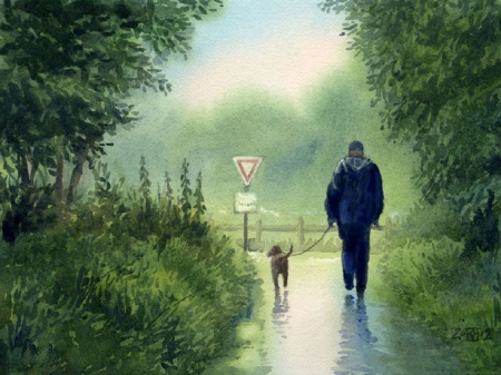 Walking In Nature - nature, painting, dog, rain