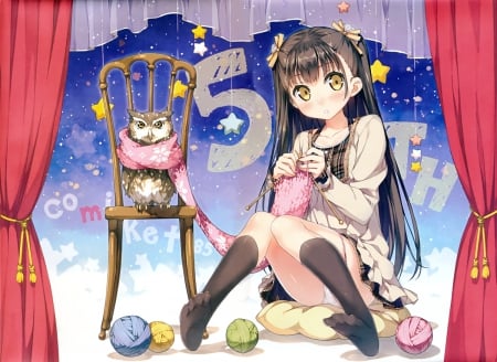 Can U Help Me - nice, beauty, female, room, swett, anime girl, brown hair, pretty, game, anime, cute, yellow eyes, stars, 5 nenme no houkago, night, long hair, bird, kantoku, beautiful, animal, smile, blush, lights, dress