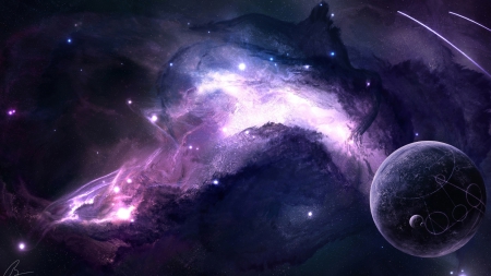 Space of Colors - purple, planets, stars, galaxies, gases, moons